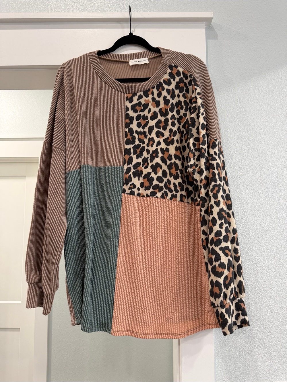 Lovely Melody Colorblock Leopard Patchwork Sweater - Taupe/Green/Pink